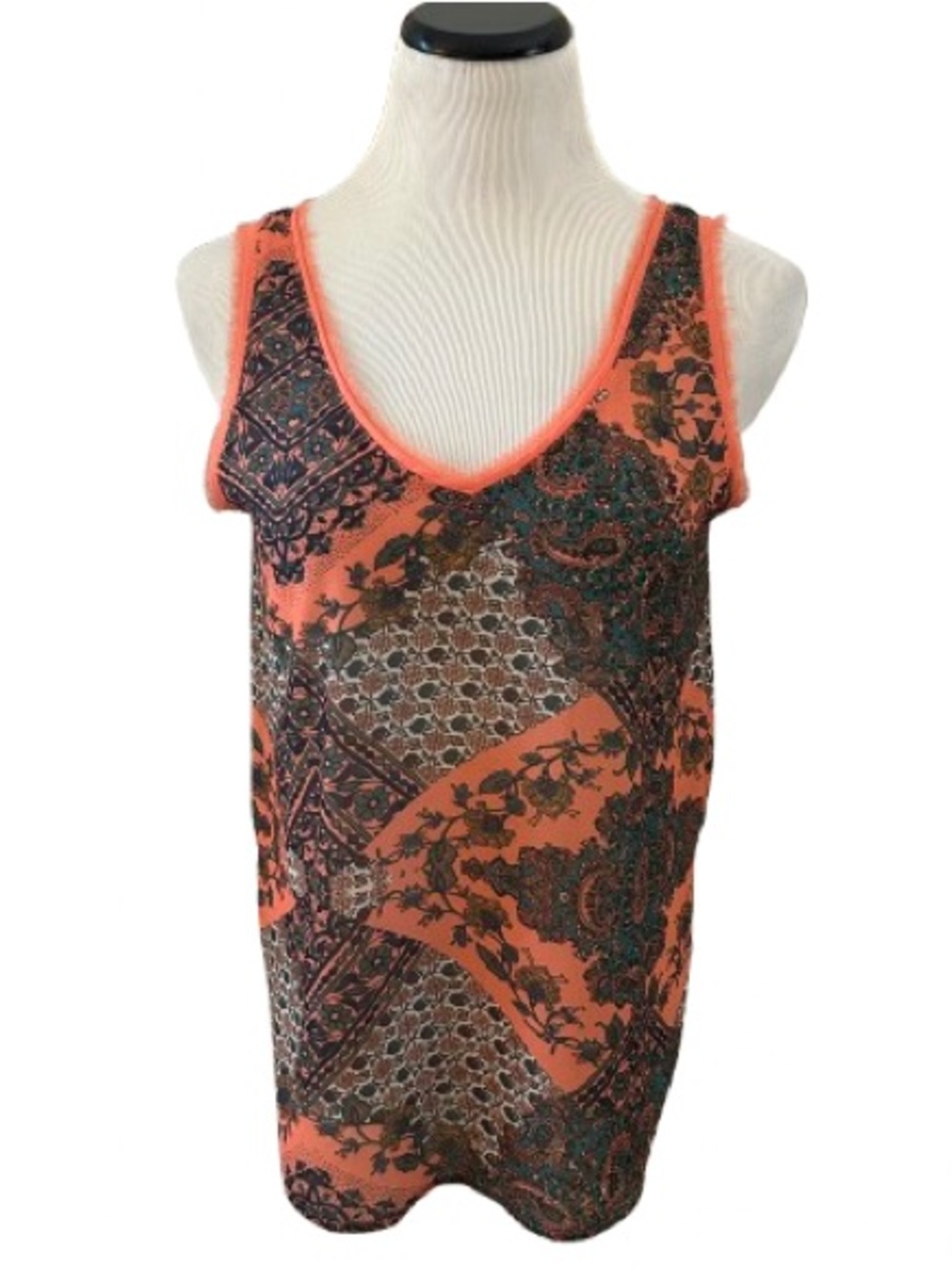 EUC Red Camel Coral Orange Multicolor Paisley Patchwork V‑Neck Tank Top. Size M